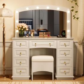 Luxurious Makeup Vanity with 10 Hollywood Bulbs, 3 Color Lighting Modes, Classic Dressing Table with Cushioned Stool and 9 Storage Drawers for Be