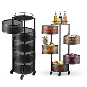 Rotating Storage Rack Cart, 5 Tier Fruit and Vegetable Basket Bowls, Heavy Duty Wire Basket Organizer on Wheels