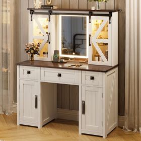 43.3" Farmhouse Makeup Vanity Desk with Lighted Mirror, Vanity Table Set with Charging Station